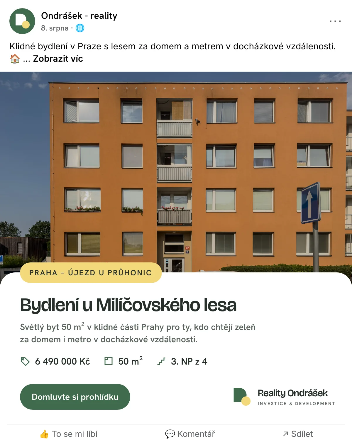 Příspěvek na Facebooku: byt 50 m² u Milíčovského lesa, Praha – Újezd u Průhonic, 6 490 000 Kč, s tlačítkem Domluvte si prohlídku