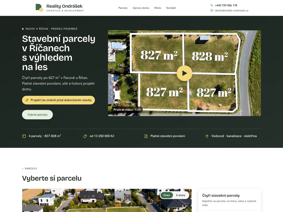 Náhled webové stránky stavebních parcel v Pacově u Říčan s videem a výměrami parcel